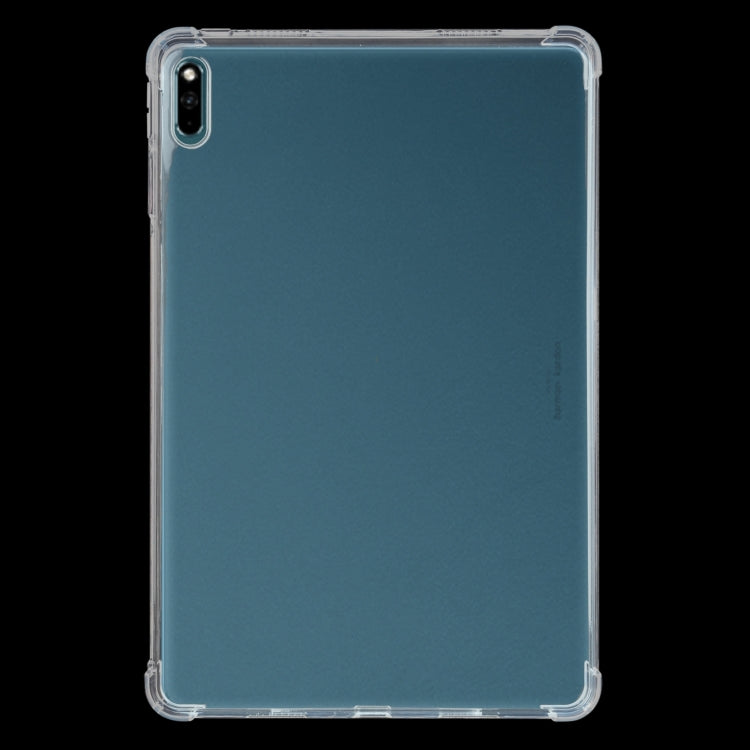 Transparent TPU tablet case, front view over dark blue tablet back