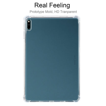 Clear TPU tablet case with camera cutout, covering dark blue tablet back