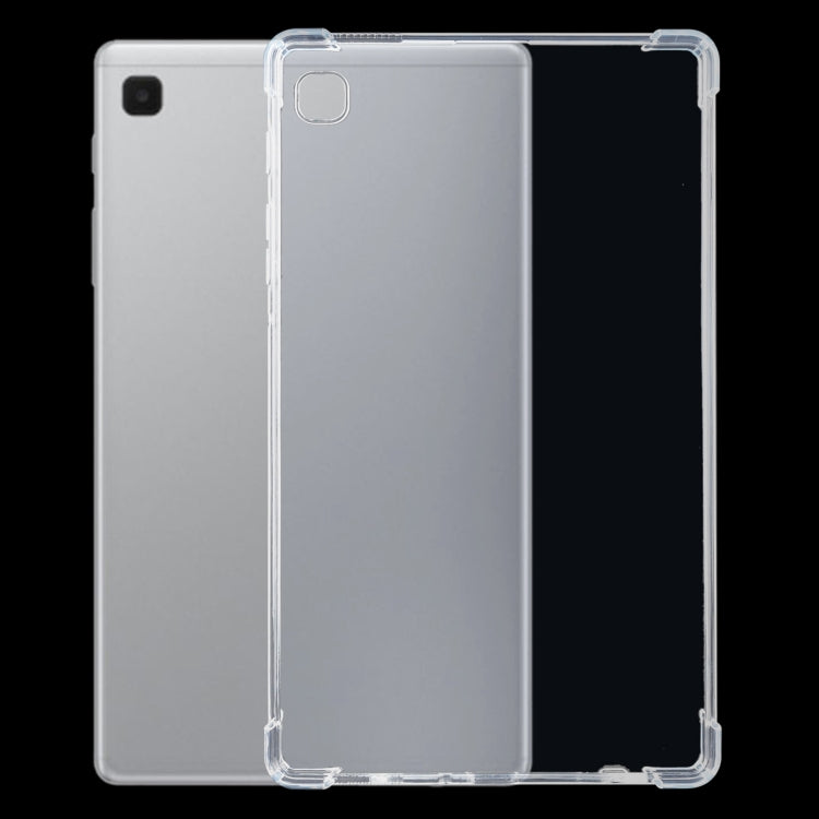 Transparent TPU tablet case over white tablet back with camera cutout