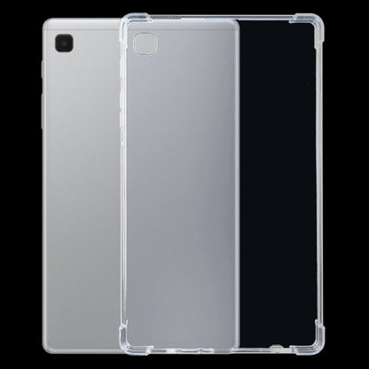 Transparent TPU tablet case over white tablet back with camera cutout