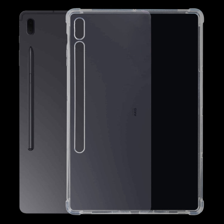 Clear TPU tablet case with stylus/port opening and protective corners on dark tablet