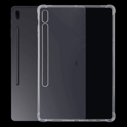Clear TPU tablet case with stylus/port opening and protective corners on dark tablet