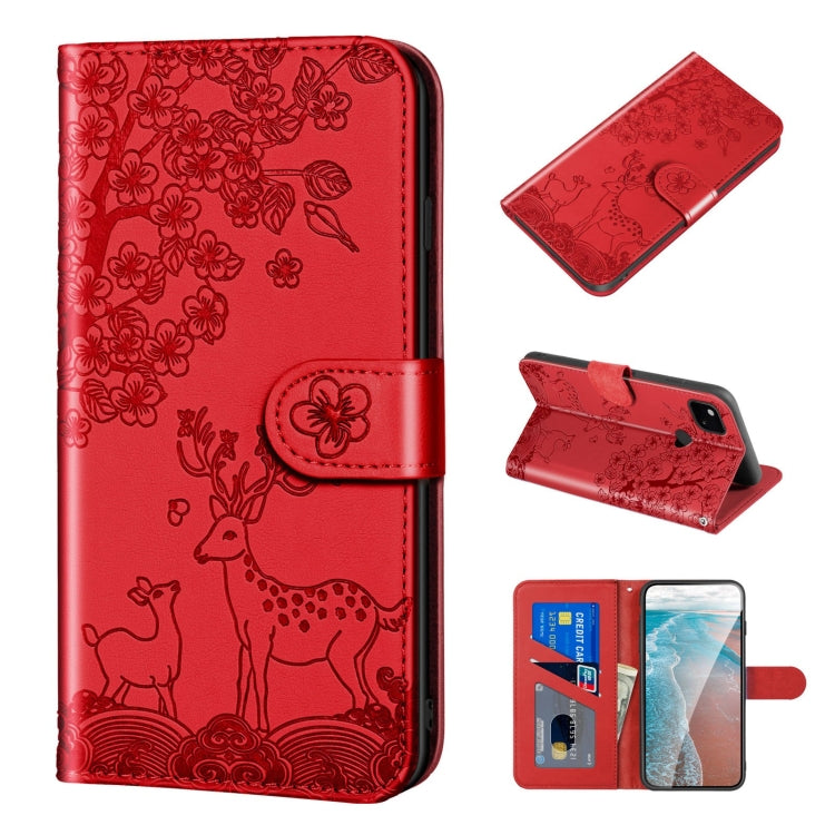 Red embossed PU leather folio phone case with flip cover and magnetic closure