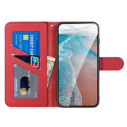 Red embossed folio phone case open view with card slot and phone front cover