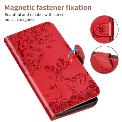 Red embossed folio case with flip clasp tab and deer floral pattern