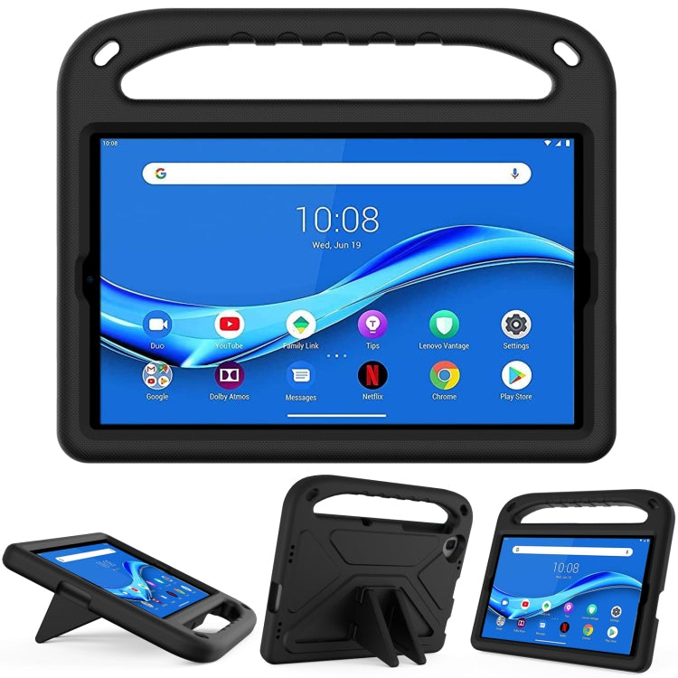 Black EVA shockproof tablet case with triangle kickstand, front handle and cutouts
