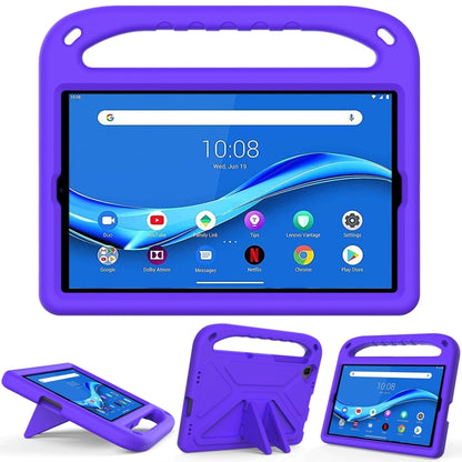 Purple portable EVA shockproof case with triangle holder for tablet, front view and stand