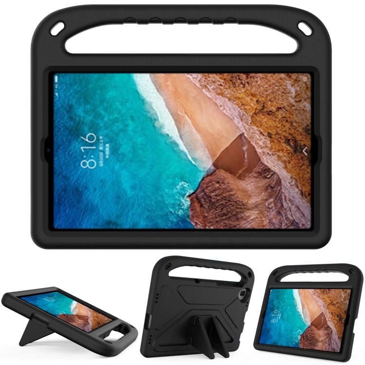 Black portable EVA shockproof case with triangle holder for tablet, front view and stand