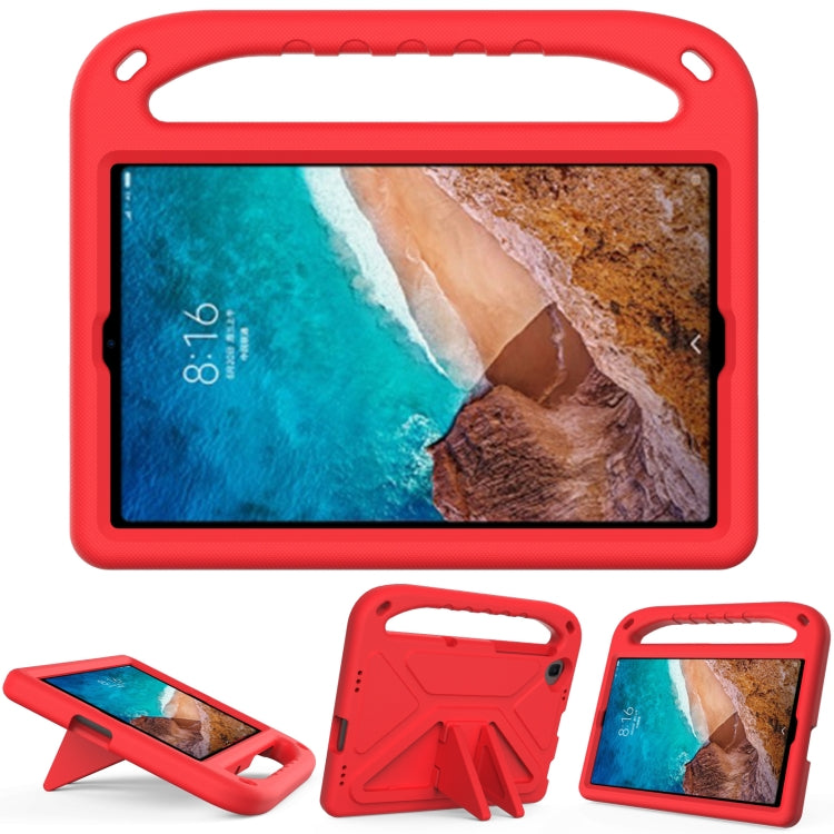 Red portable EVA shockproof case with triangle holder for tablet, front view and stand