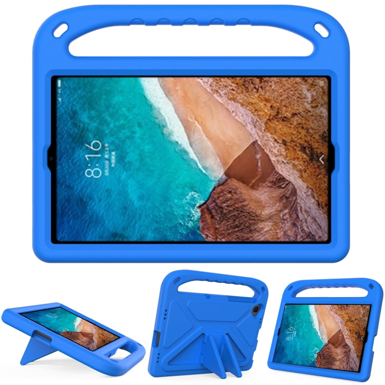 Blue portable EVA shockproof case with triangle holder for tablet, front view and stand