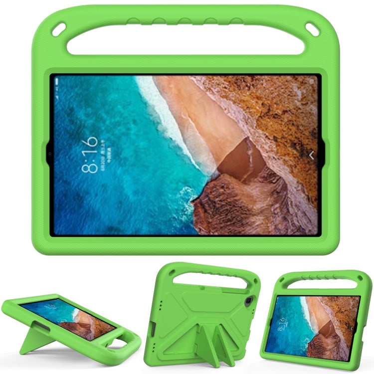 Green portable EVA shockproof case with triangle holder for tablet, front view and stand