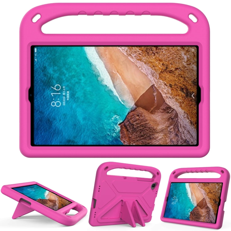 Pink portable EVA shockproof case with triangle holder for tablet, front view and stand