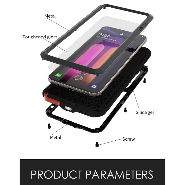 Rugged waterproof phone case with metal frame, toughened glass, silicone gel, and screws