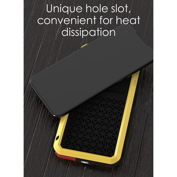 Yellow rugged phone case base with black textured grip and vented slot