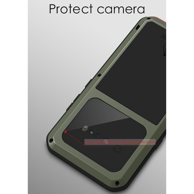 Olive green rugged phone case with protected camera window and metal corner bezels