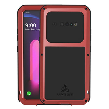 Red rugged waterproof phone case with metal frame and tempered glass front, camera cutouts