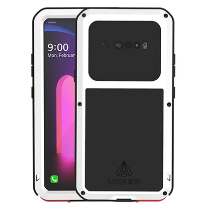 Silver rugged waterproof phone case with metal frame and tempered glass front, camera cutouts