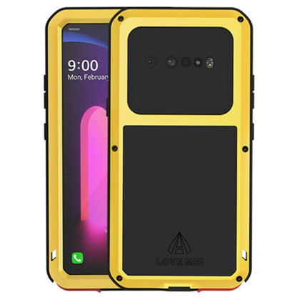 LOVE MEI rugged waterproof phone case with front glass cover, camera cutouts, yellow metal frame