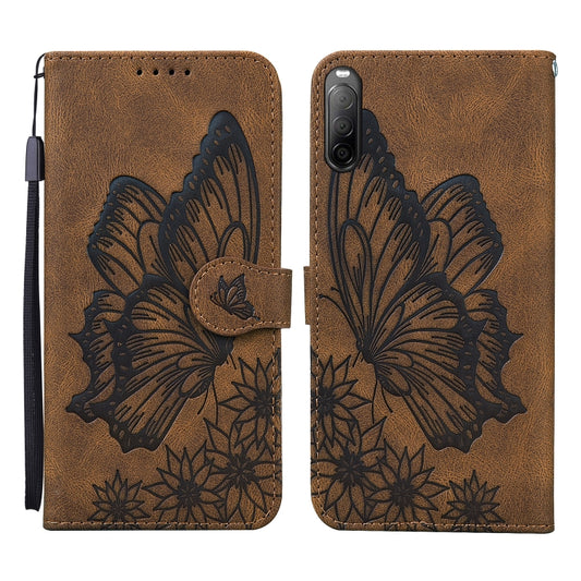 Brown leather-look flip phone case with embossed butterfly design and card holder flap