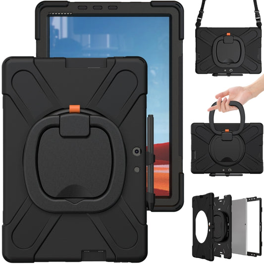 Black rugged tablet protective case with circular kickstand and shoulder strap