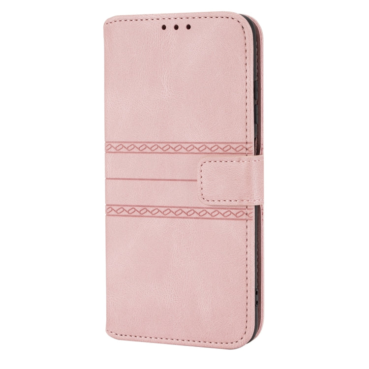 Pink PU folio phone case with cutouts, horizontal stripe emboss, and snap strap
