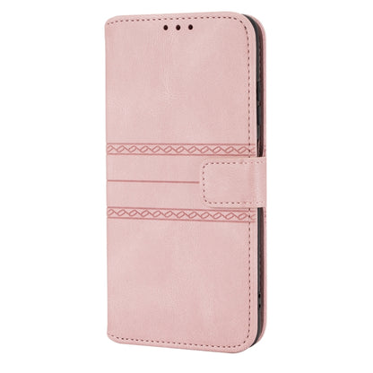 Pink PU folio phone case with cutouts, horizontal stripe emboss, and snap strap
