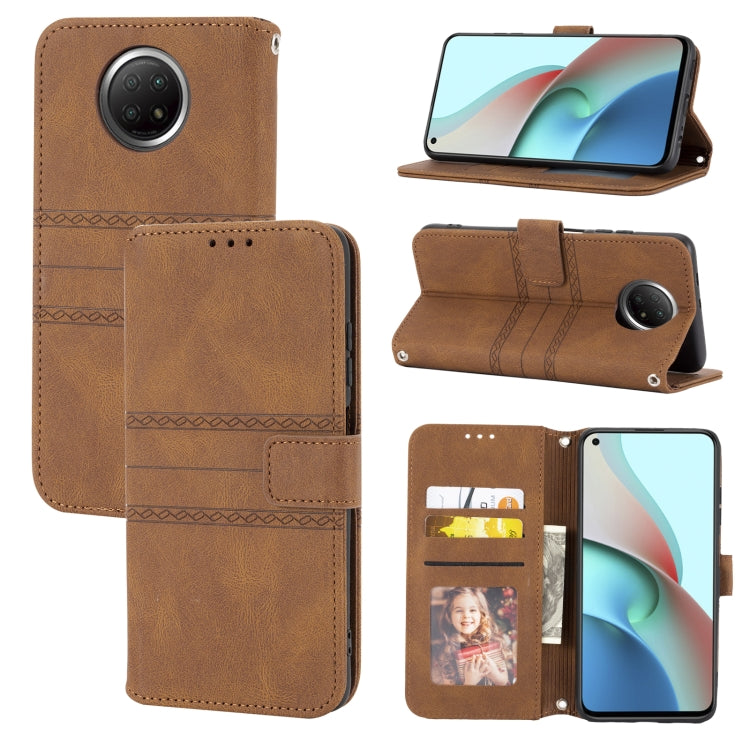 Brown PU horizontal flip phone case with card slots and embossed stripe pattern