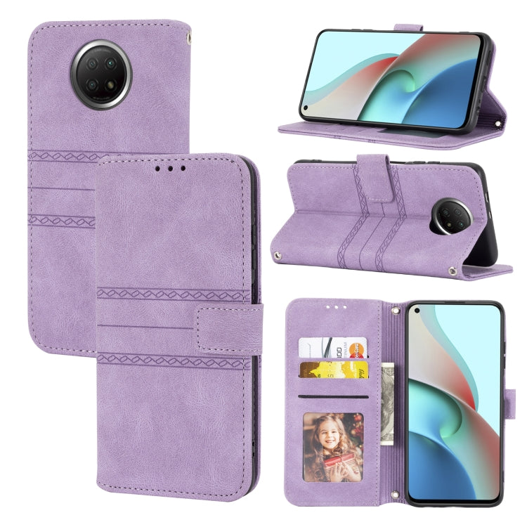 Purple magnetic flip phone wallet case with card slots and stand, embossed striped texture.