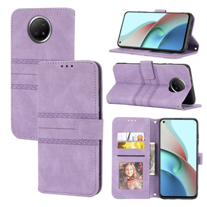 Purple magnetic flip phone wallet case with card slots and stand, embossed striped texture.