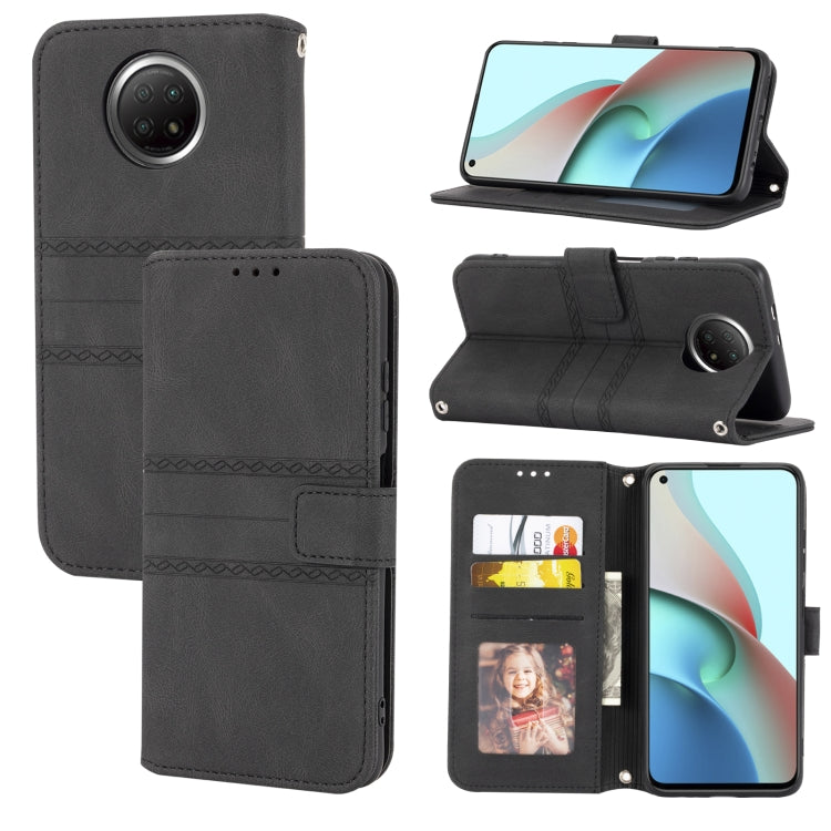 Black magnetic flip phone wallet case with card slots and horizontal stand, embossed stripe design.