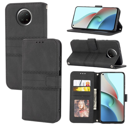 Black magnetic flip phone wallet case with card slots and horizontal stand, embossed stripe design.