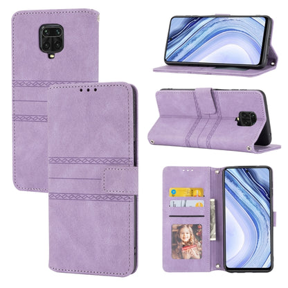 Lavender magnetic flip phone wallet case with card slots and photo window, embossed stripe pattern.