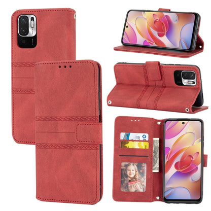 Red PU flip wallet case with magnetic buckle, card slots and photo frame window.