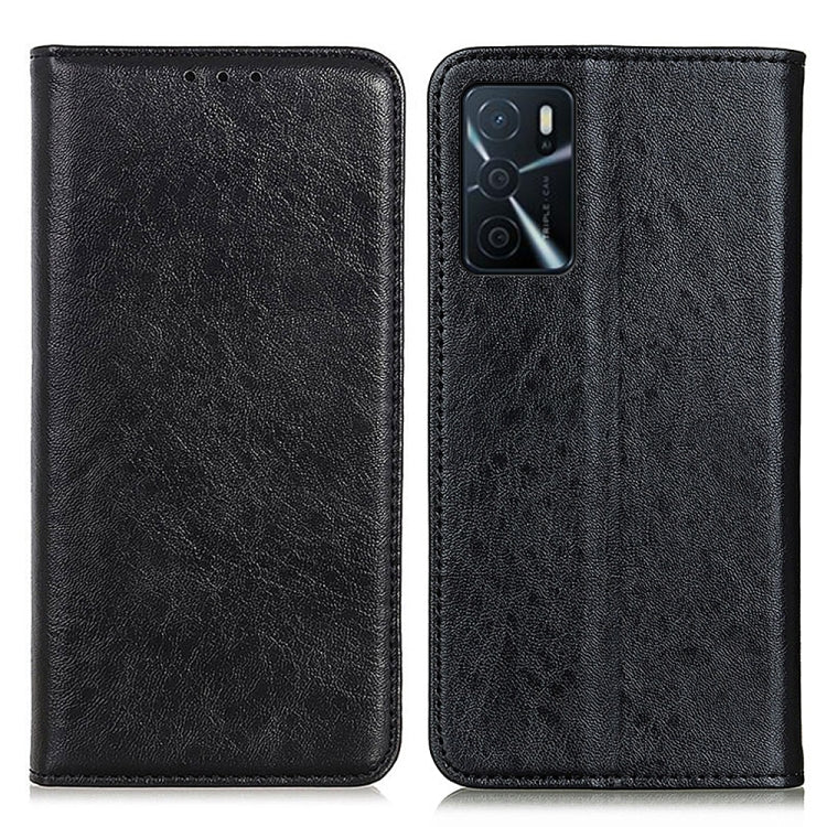 Black magnetic flip leather phone case with camera cutout and textured finish