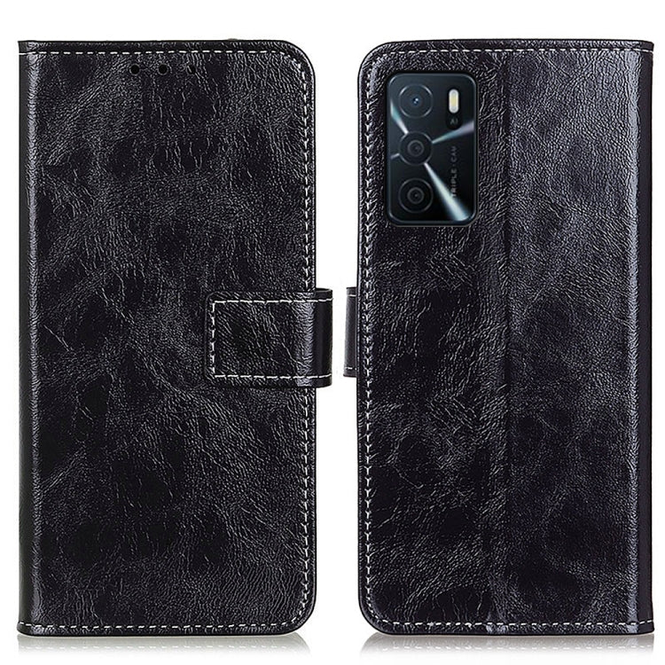 Black leather flip phone case with card slots and cutouts, shown closed and open.