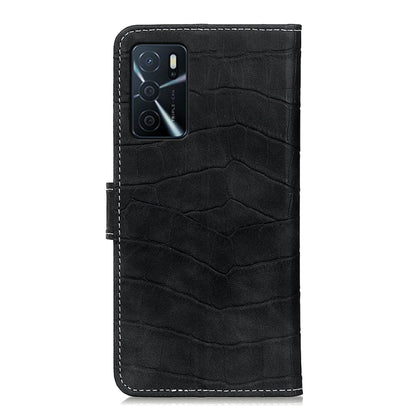 Black crocodile-texture magnetic flip phone case with camera cutout and stitching