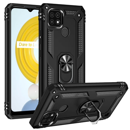 Black rugged protective phone case with metal ring kickstand and raised corner bumper
