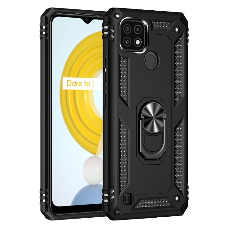 Black protective phone case with metal ring stand and textured grip side edges