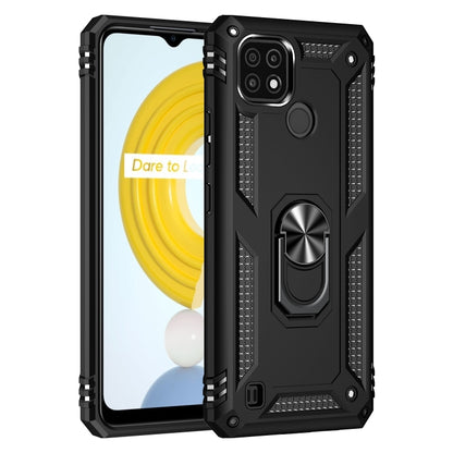Black protective phone case with metal ring stand and textured grip side edges