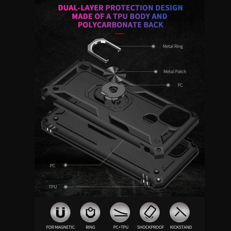 Black dual-layer rugged phone case with textured paneling and metal ring holder