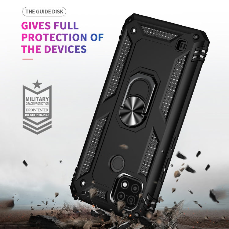 Black rugged phone case with metal ring kickstand and reinforced impact corners