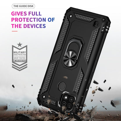 Black rugged phone case with metal ring kickstand and reinforced impact corners