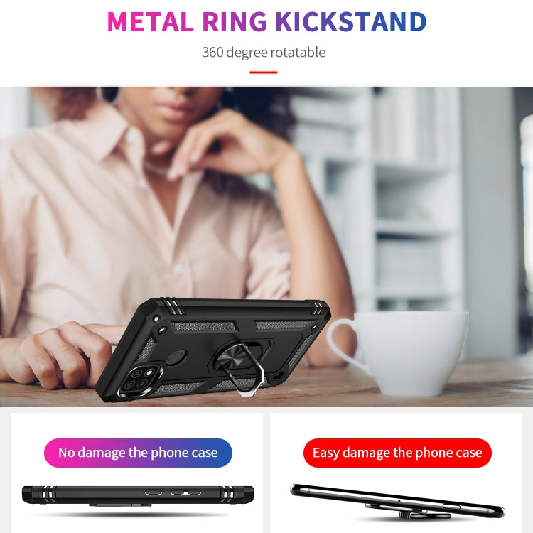 Black phone case with metal ring kickstand, shown in use