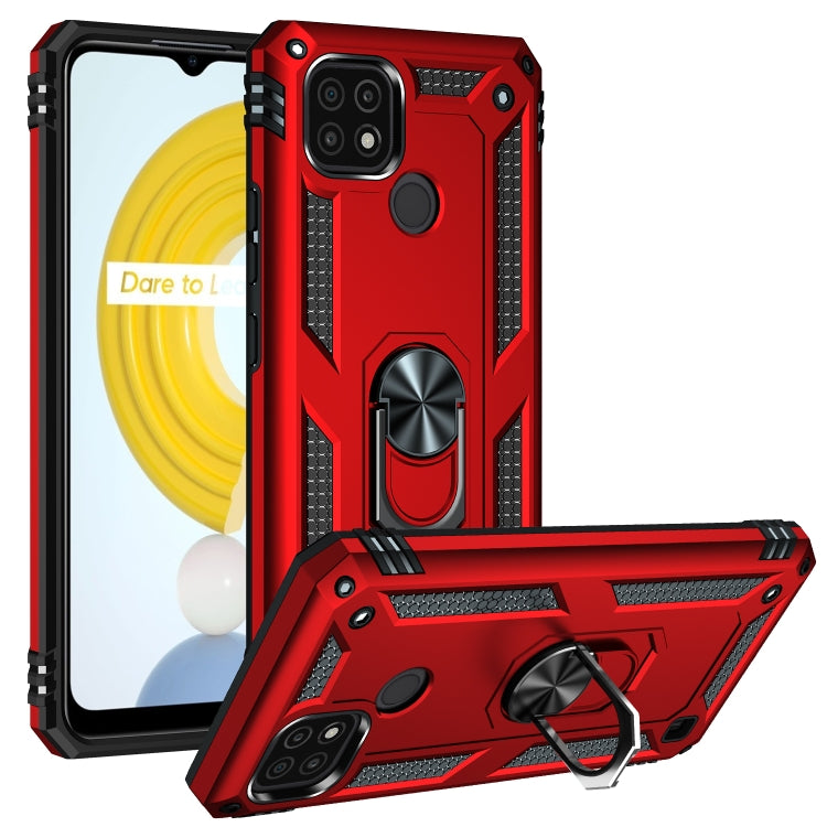 Red rugged protective phone case with metal ring kickstand and textured grip
