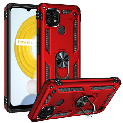 Red rugged protective phone case with metal ring kickstand and textured grip