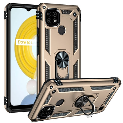 Gold-toned rugged phone case with metal ring kickstand and raised camera protection