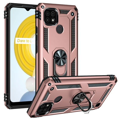 Rose gold rugged phone case with metal ring kickstand and textured side grip