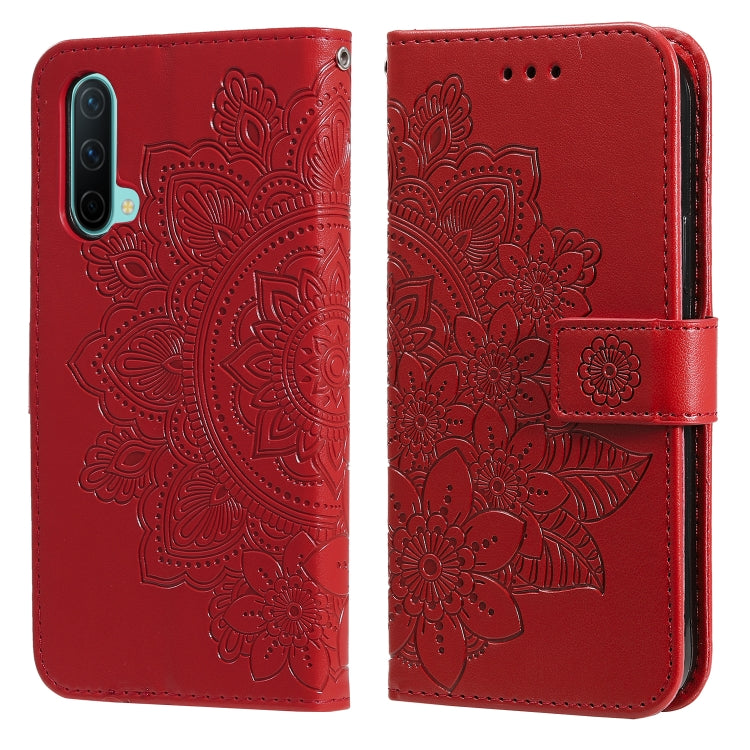 Red embossed floral PU leather flip phone case with card slots and holder strap