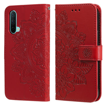 Red embossed floral PU leather flip phone case with card slots and holder strap
