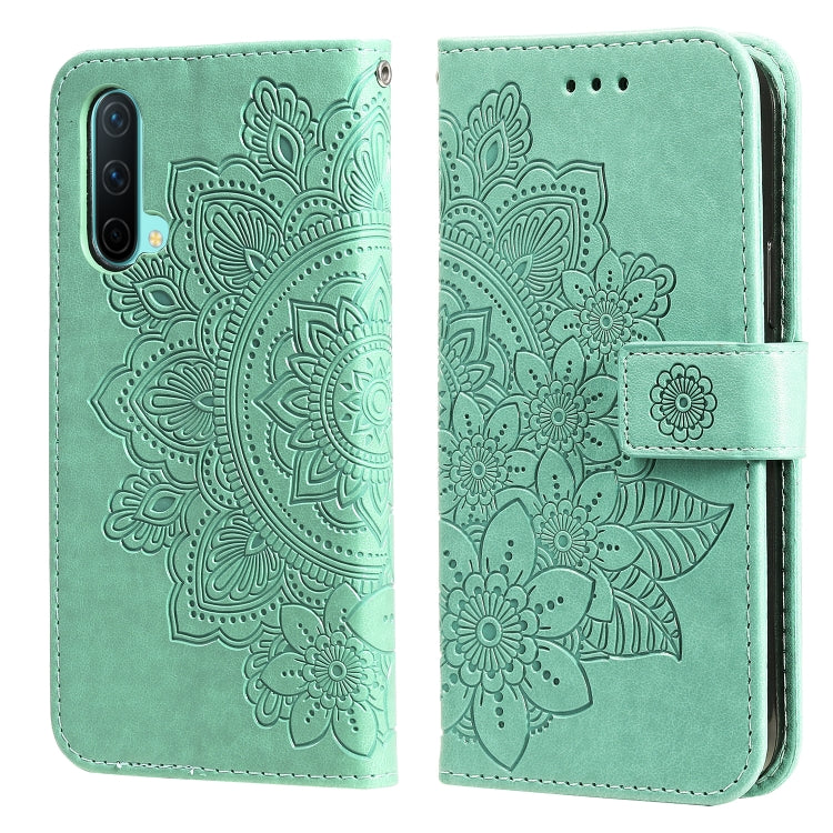 Green embossed floral PU leather flip phone case with card slots and holder strap